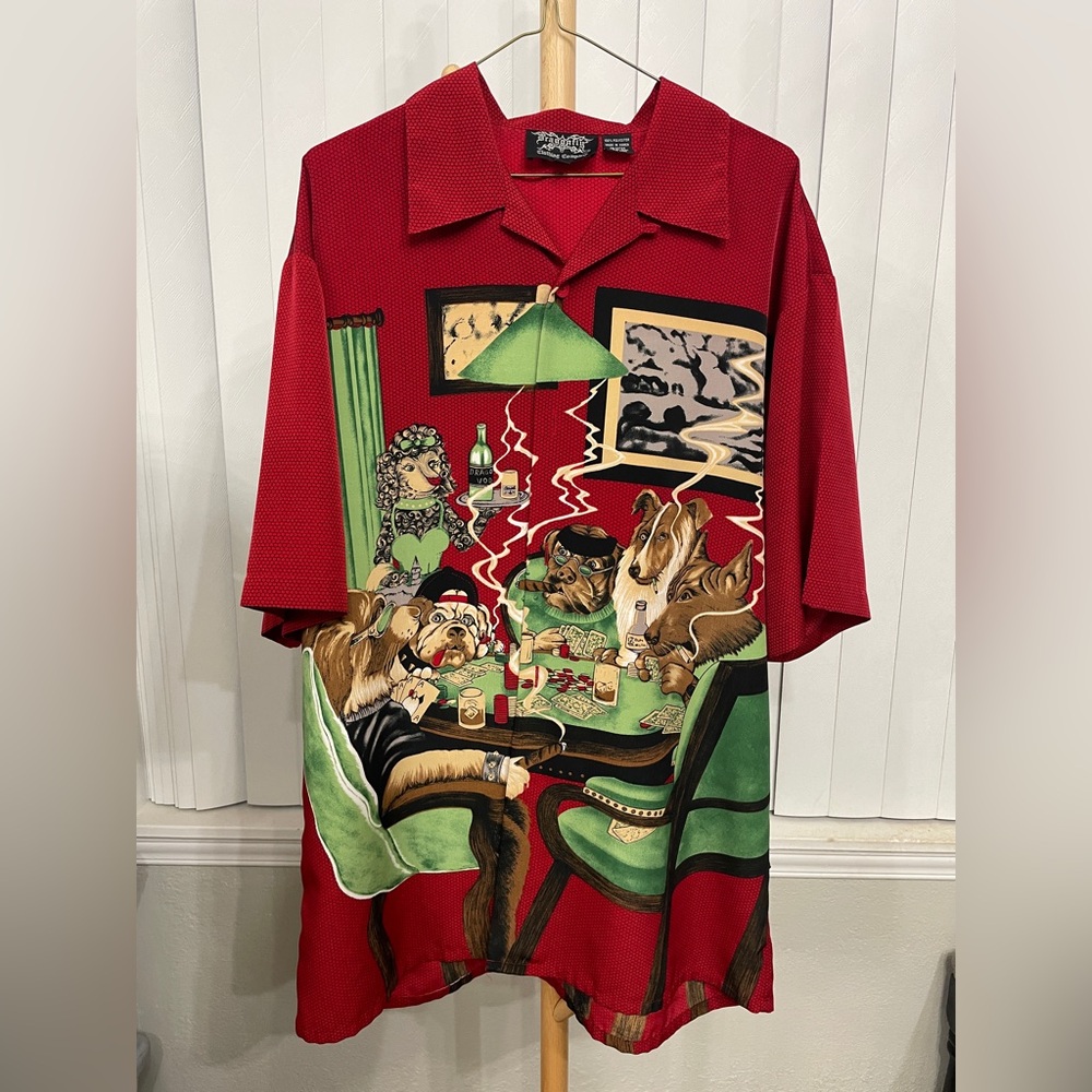 DRAGONFLY Dogs Playing Poker Camp Shirt Red Men's XL